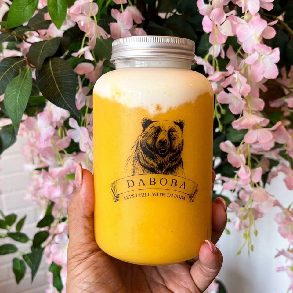 Hand holds a jar of golden frothy drink labeled DABOBA against a backdrop of pink flowers and green leaves.