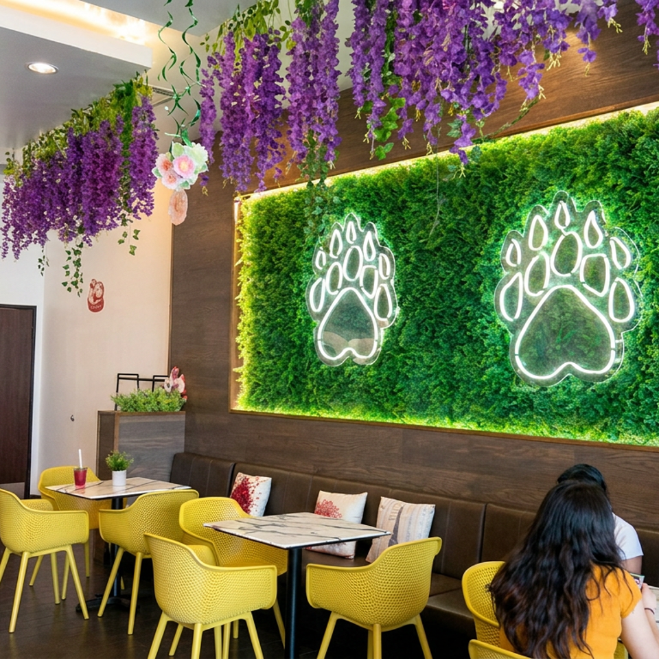 Bright restaurant interior with yellow chairs, hanging purple flowers, greenery wall, glowing paw signs, and diners seated at tables.