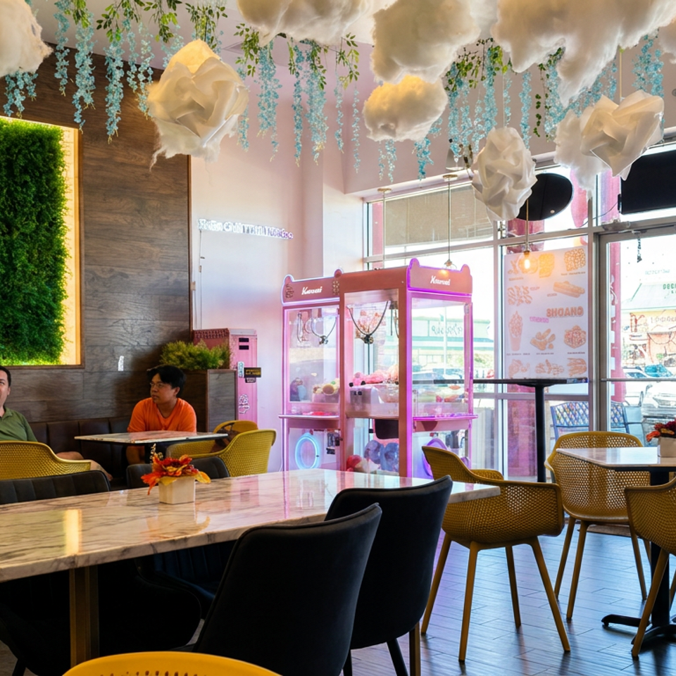 Bright pet-themed café interior with neon paw logo, cloud decorations, colorful claw machines, marble tables, and two seated patrons.