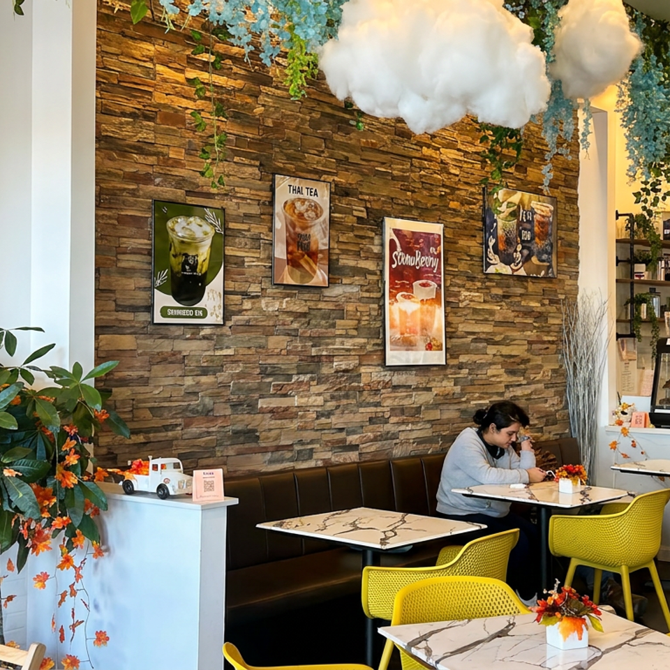 Bright café interior with cloud-shaped ceiling decor, hanging greenery, stone accent wall, yellow chairs, and a customer dining.