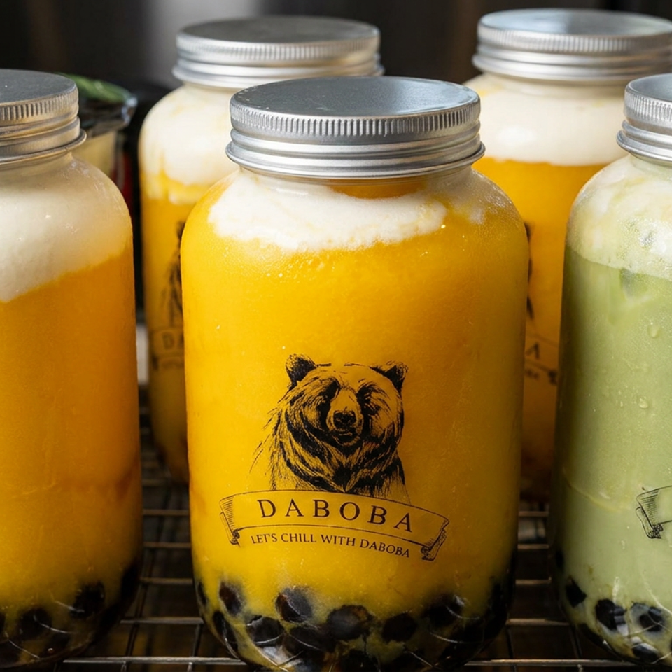 DABOBA mason jar drinks in yellow and green flavors, topped with foam and tapioca pearls, arranged on a display shelf.