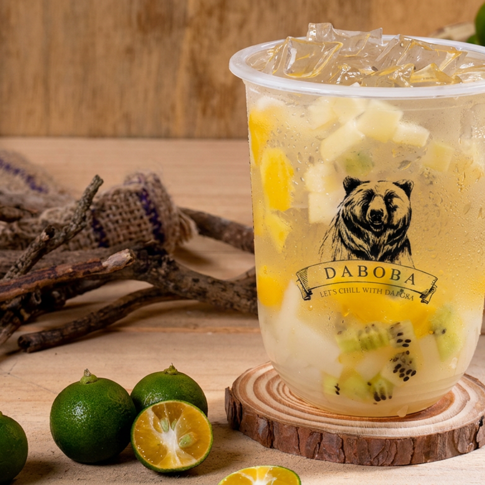 DABOBA fruit tea with citrus and kiwi pieces in a clear cup, surrounded by fresh limes, lemons, and rustic wooden decor.