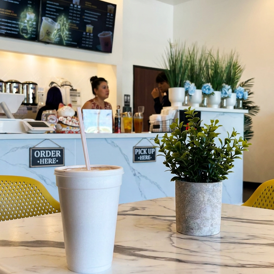 Bright café interior with marble counter, menu boards, staff, potted plants, yellow chairs, and a takeaway drink on a table.