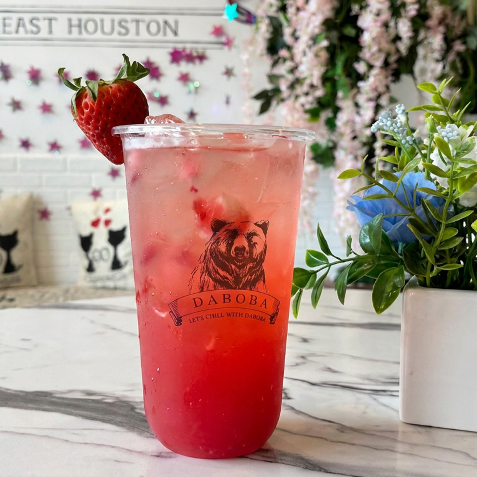Strawberry iced drink in a Daboba cup with fresh strawberry garnish, displayed beside blue flowers on a marble table.