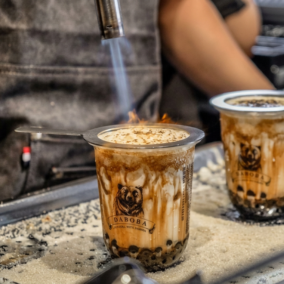 Barista prepares two caramel-drizzled bubble tea drinks topped with foam on a stainless-steel work counter.