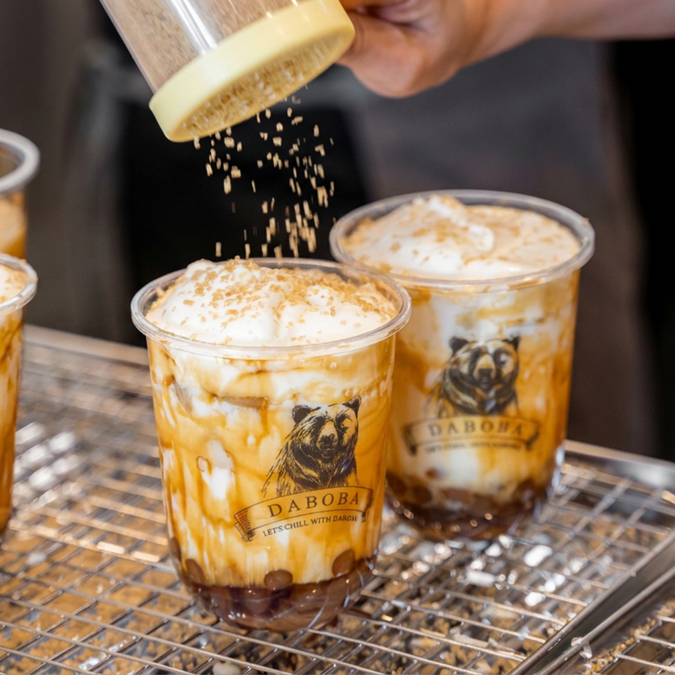 Four caramel milk tea drinks topped with whipped cream and sprinkles sit on a cooling rack while one is being garnished.